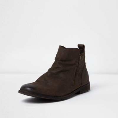 Brown leather ruched boots